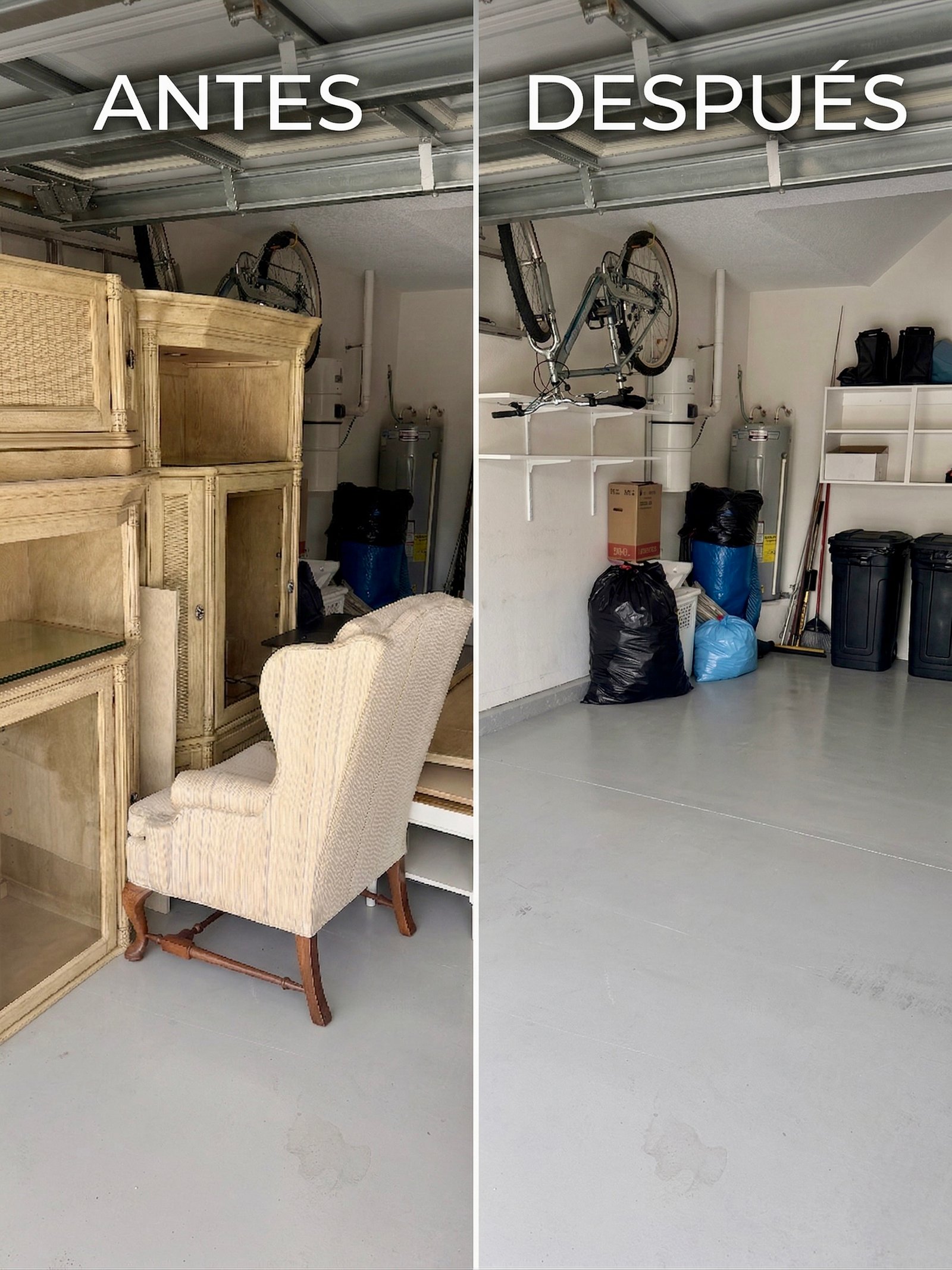 Before and after furniture removal in Charlotte County FL — old cabinet and armchair hauled away from garage