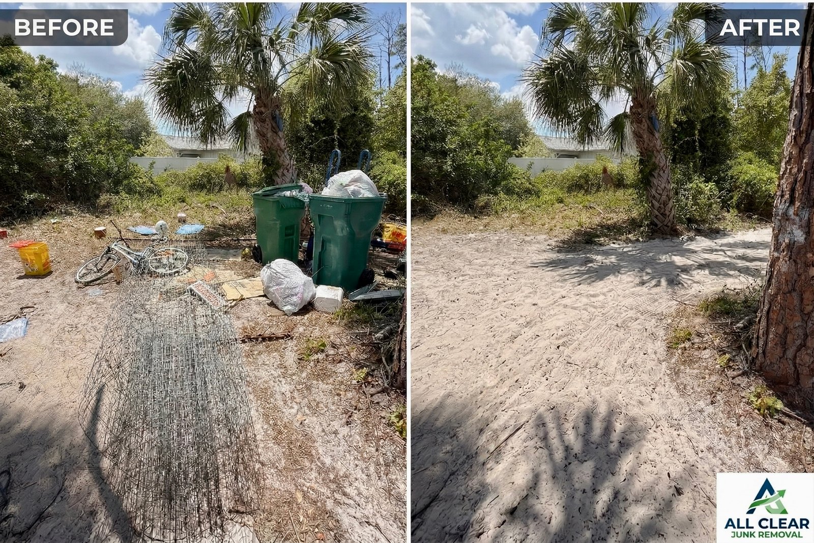Before and after yard junk removal in Port Charlotte FL — trash, old bicycle, and debris cleared from sandy lot